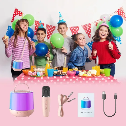 Vista 6 de Máquina de karaoke para niños, altavoz Bluetooth portátil con micrófono inalámbrico y luces LED, efectos de voz mágicos, para niñas, fiesta en casa