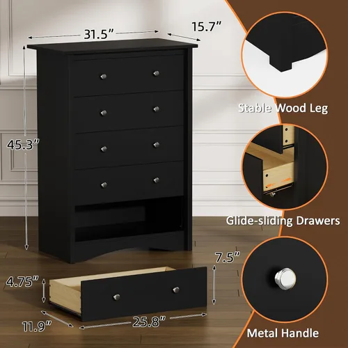 Vista 2 de Flamaker Cómoda alta para dormitorio, cómoda de madera con 5 cajones, color Negro