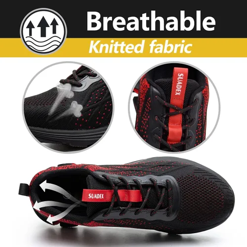 Vista 4 de SUADEX Zapatos de punta de acero para mujeres y hombres, zapatos de seguridad antideslizantes, transpirables, ligeros, a prueba de pinchazos