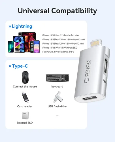 Vista 6 de ORICO Adaptador Lightning a USB con puerto de carga, USB C hembra a Lightning macho para iPhone 14, 13, 11, 12 Pro Max, compatible con soporte