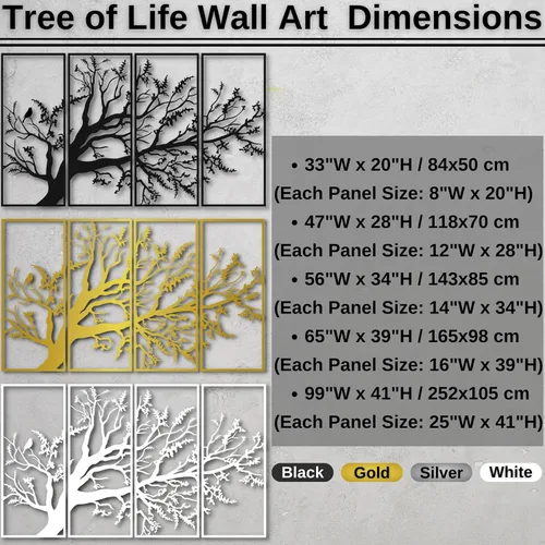 Vista 4 de Arte de pared con árbol de la vida, juego de 4 piezas de arte de pared de árbol de metal, letrero de árbol, arte de pared de metal del árbol
