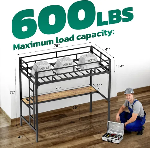 Vista 2 de Greenvelly Cama alta de metal con escritorio, cama individual tipo loft de tamaño matrimonial con enchufe de carga USB, luces LED, litera