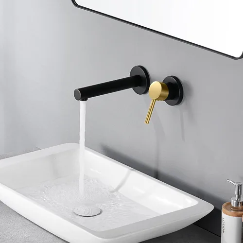 Vista 4 de SUMERAIN Grifo de lavabo de baño montado en la pared, acabado negro y dorado, grifo de lavabo con una sola manija y válvula áspera