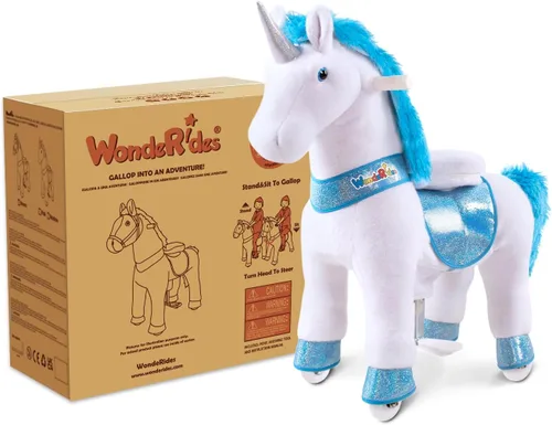 Vista 7 de WondeRides Caballo de paseo en caballo, caballo mecánico de unicornio, caballo mecánico de 30.1 pulgadas de altura, caballo mecánico con ruedas