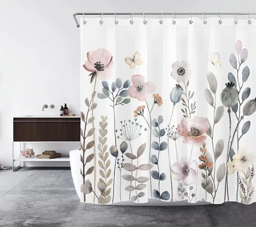 Vista 31 de Cortina de ducha con diseño bohemio de plantas y flores de acuarela sobre fondo beige, cortina de ducha de baño con hojas naturales, cortina