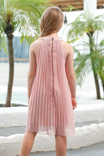 Vista 2 de GORLYA Vestido plisado de gasa con cuello halter y hombros descubiertos para niñas de 4 a 14 años
