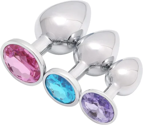 Vista 10 de AKStore 3 tapones anales fetiches de acero inoxidable con diseño de joyas lujosas para fantasías sexuales de bondage, tamaños grande, mediano y Negro
