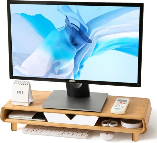 Vista 10 de Soporte de Monitor de Bambú Homerays, Elevador de Monitor sin Necesidad de Ensamblaje, Soporte de Monitor Exquisito con Cajón, Soporte de Monitor