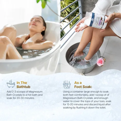 Vista 4 de Health and Wisdom Cristales de baño de magnesio – Sales de baño con alta concentración y absorción mejorada para alivio muscular y articular