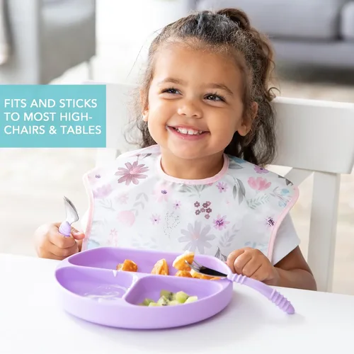 Vista 4 de Bumkins Plato de succión para niños pequeños y bebés, plato de agarre dividido de silicona para bebés y niños, destete LED para bebés, suministros