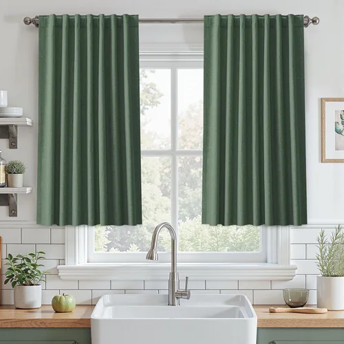 Vista 17 de UHITECH Cortinas cortas de lino de 24 pulgadas de largo para ventanas pequeñas de granja, cortinas opacas modernas para sala de estar, pestañas
