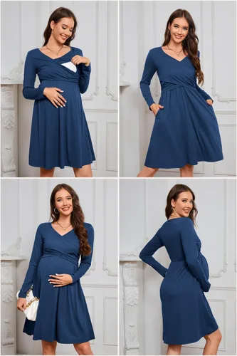 Vista 4 de OUGES Vestidos de maternidad con cuello en V para mujer, vestido de lactancia materna, baby shower