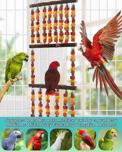 Vista 5 de DBNESS Juguetes de loro de pájaro extra grandes de 43 pulgadas, bloques de madera multicolor para masticar, juguete con bolas de ratán y perchas
