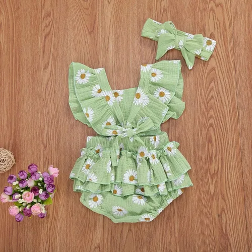 Vista 4 de Bebé Niñas Impresión Margarita Algodón Lino Volantes Sin Mangas Mameluco Mono Mono con Headaband Ropa Infantil Verano