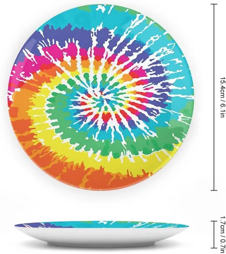 Vista 2 de XISUNYA Plato decorativo de 6 pulgadas, plato de porcelana arcoíris, teñido anudado grunge Ikat, patrón psicodélico, placa de exhibición hecha a