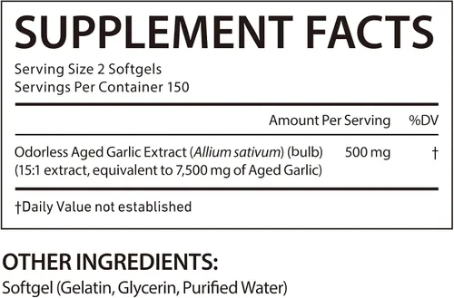 Vista 3 de Extracto de ajo envejecido equivalente a 7500 mg, cápsulas blandas de ajo sin olor de alta potencia 15:1, apoya la salud del corazón, la circulación