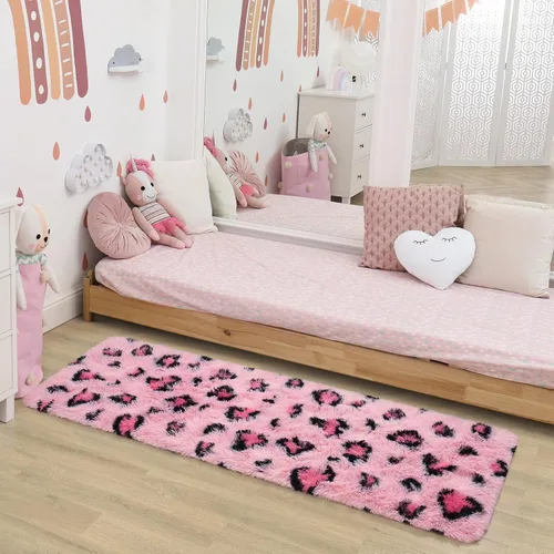 Vista 5 de BENRON Alfombras de pasillo rosas para dormitorio de niñas, estampado de leopardo, 2 x 6 pies para decoración de habitación de niños, guardería