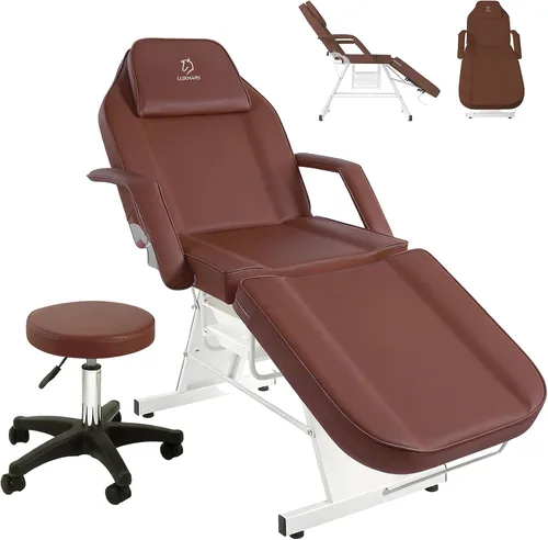 Vista 24 de Silla facial, silla de tatuaje de 73 pulgadas para cliente, mesa de masaje ajustable de 3 secciones con taburete, camas de belleza multiusos