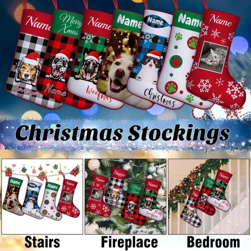 Vista 4 de Calcetines de Navidad personalizados para perros y gatos, 42 patrones de perros y mascotas, calcetines de Navidad personalizados con nombres, adorno