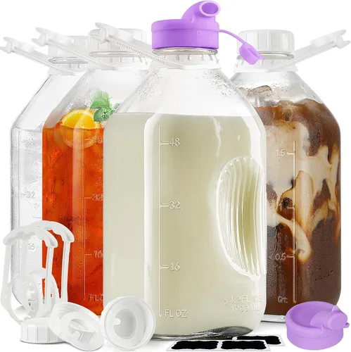 Vista 8 de Paquete de 2 botellas de leche de vidrio resistente de 64 onzas con 1 boquilla de silicona y 3 tapas de rosca herméticas reutilizables, botella