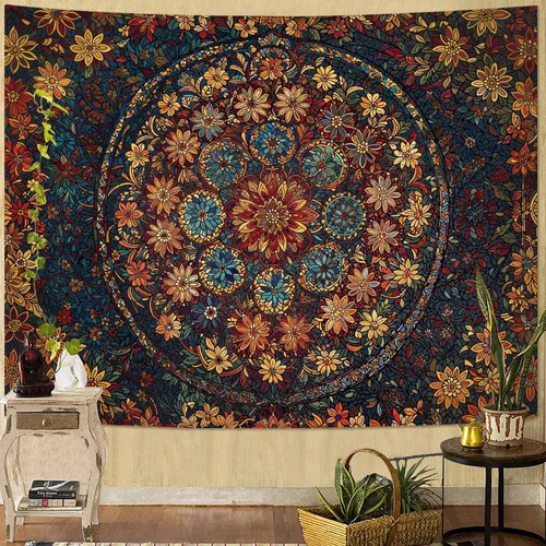 Vista 9 de Fowocu Tapiz bohemio con mandala floral para colgar en la pared, medallón de flores bohemias, tapiz estético, beige, naranja, hippie, indio, pequeño