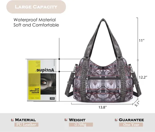 Vista 182 de Angel Barcelo - Bolsa de hombro amplia para mujer, diseño Hobo, cuero lavado