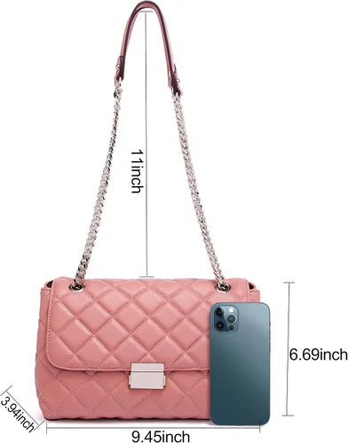 Vista 5 de DORIS&JACKY Bolso acolchado para mujer, de piel auténtica, con correa de cadena de metal y cierre de solapa