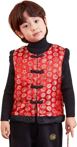 Vista 2 de Mud Kingdom Chaleco unisex para niños, forro polar, año nuevo chino, abotonado, vintage