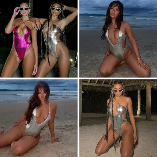 Vista 4 de Traje de baño sexy con tirantes cruzados metálicos brillantes para mujer, traje de baño holográfico sin espalda, traje de baño para festival rave