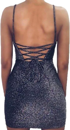 Vista 9 de VANCOL Vestido sexy de fiesta para mujer con purpurina y tirantes delgados con cordones en la espalda