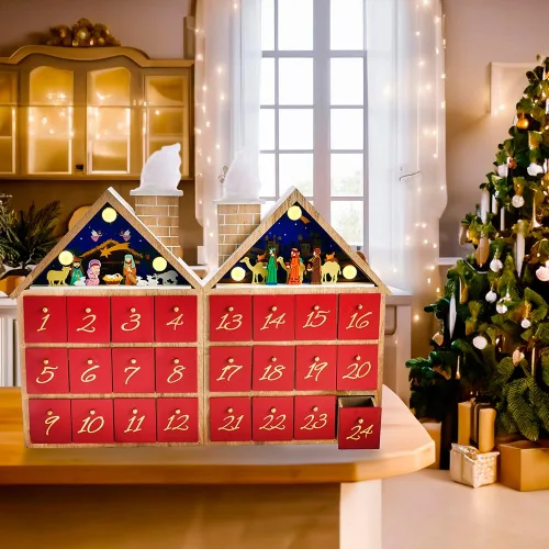 Vista 2 de Kurt Adler - Calendario de Adviento de Natividad LED de madera con pilas de 11.81 pulgadas
