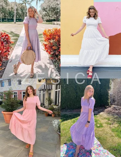 Vista 4 de ZESICA Vestido midi casual de verano para mujer, cuello redondo, manga corta abombada, cintura alta, volantes, escalonado, acampanado, para mujer