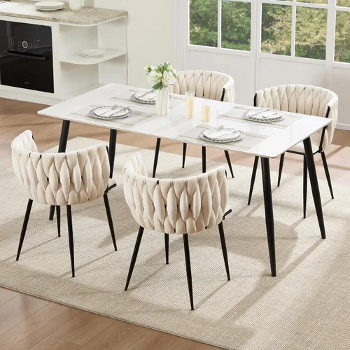 Vista 2 de Juego de 2 sillas de comedor de terciopelo, sillas laterales tapizadas tejidas con patas de metal negro, sillas decorativas modernas, sillas