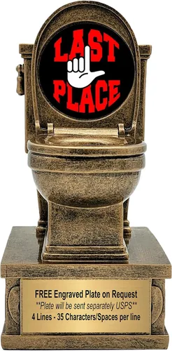 Vista 13 de Decade Awards Trofeo de pedestal dorado para inodoro con insertos opcionales, 7 pulgadas de alto, placa grabada bajo petición 1er lugar