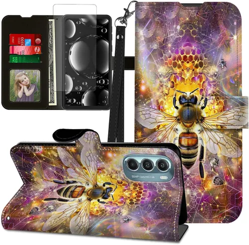Vista 47 de Funda para Motorola Edge 2022 con protector de pantalla, soporte y tarjetero y correa para la muñeca, funda magnética para Moto Edge 2022 5G UW Lobo