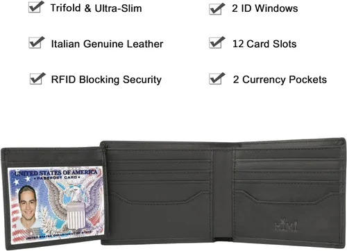 Vista 4 de HIMI Billeteras para hombre – Cartera triple de cuero genuino con bloqueo RFID con 2 ventanas de identificación, Negro #2