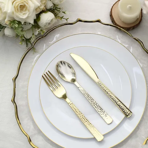 Vista 13 de Efavormart - Juego de 24 tenedores desechables de plástico color oro rosa, cubiertos resistentes de 7 pulgadas con elegante diseño martillado