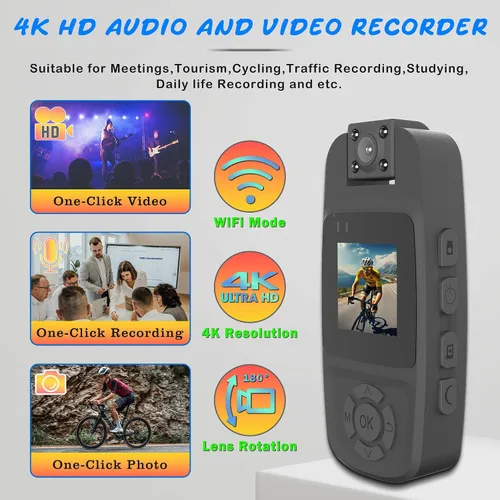 Vista 2 de Mini cámara corporal 4K con grabación de video, cámara corporal WiFi portátil con lente giratoria de 180° y visión nocturna para trabajo, viajes
