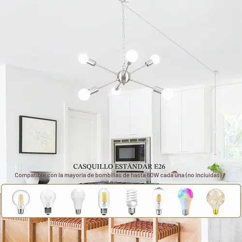 Vista 3 de Lámpara colgante enchufable, 6 luces colgantes con cable de enchufe de 16.4 pies e interruptor de encendido/apagado de níquel cepillado, lámpara