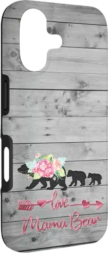 Vista 3 de Pink Floral Black Mama Bear Two Cubs on Vintage Gray Rustic Case for iPhone 17