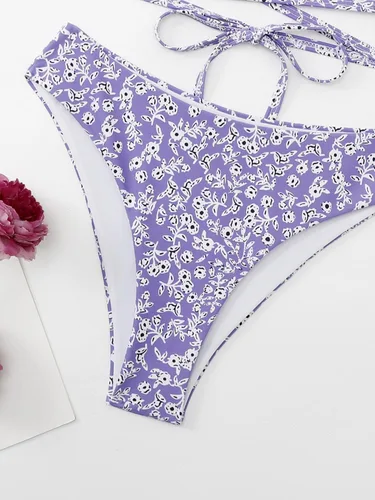 Vista 4 de MakeMeChic Traje de baño de 2 piezas para mujer, conjunto de bikini de corte alto fruncido floral