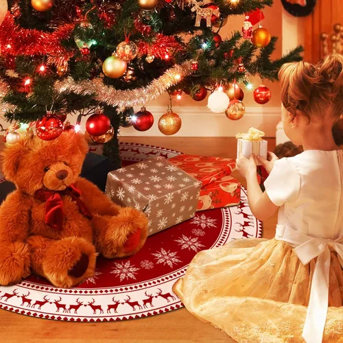 Vista 2 de Lukisesy Falda de Árbol de Navidad de 48 Pulgadas, Falda Grande de Árbol de Navidad con Copos de Nieve y Reno, Falda Rústica de Árbol de Navidad