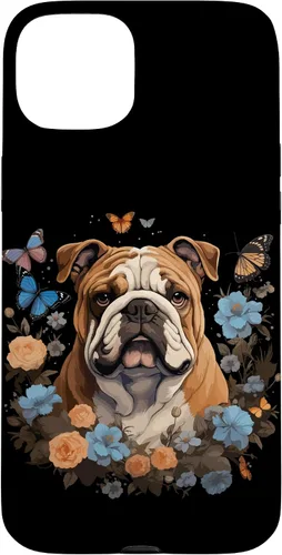 Vista 9 de Funda para iPhone 16 Bulldog Inglés con Flores y Mariposas
