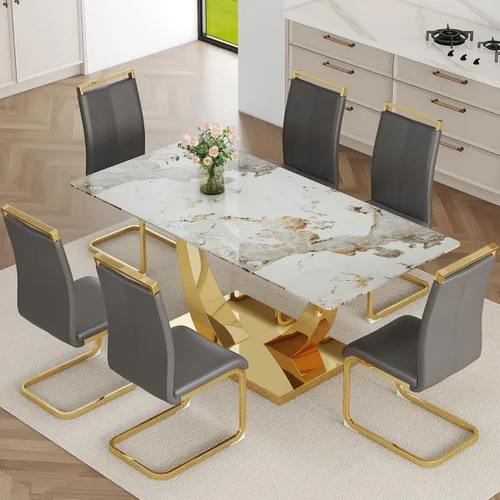 Vista 33 de Juego de Mesa de Comedor Negra para 6, Mesa de Comedor de Mármol Falso de 71" para 6, Juego de Mesa de Cocina Rectangular con Sillas de Cuero PU