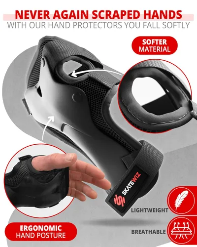 Vista 9 de SKATEWIZ Rodilleras para Niños - Juego de Rodilleras y Coderas - PROTECT-1 - Talla S Negro - Protectores de Muñeca Equipo Protector para Patinaje