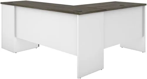 Vista 4 de Pemberly Row Escritorio moderno de madera en forma de L para computadora en nogal gris/blanco
