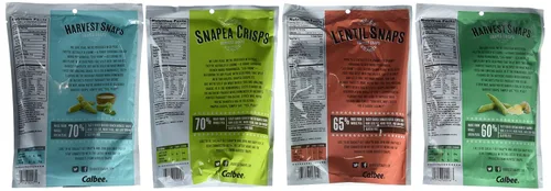 Vista 4 de Crisps Calbee snapea harvest snaps variados wasabi, tomate basilio, césar y ligeramente salado.