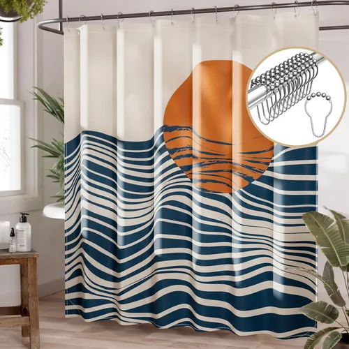 Vista 13 de AmazerBath Cortina de ducha, juego de cortina de tela ombre negra con 12 ganchos, cortina de ducha lavable de tela en negro y blanco, cortina