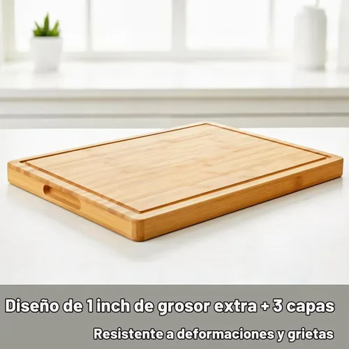 Vista 2 de Allsum Tablas de cortar de madera de bambú para cocina, bloque de carnicero extra grueso de 1 pulgada con ranuras para jugo y asas resistentes a