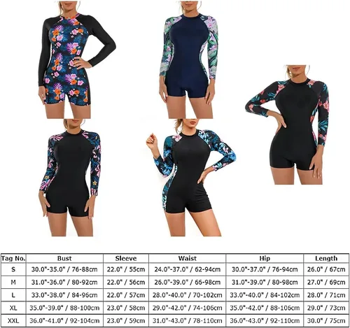 Vista 6 de ABOCIW Traje de baño Boyleg de una pieza de manga larga con estampado floral para surfear, traje de baño deportivo UPF 50+